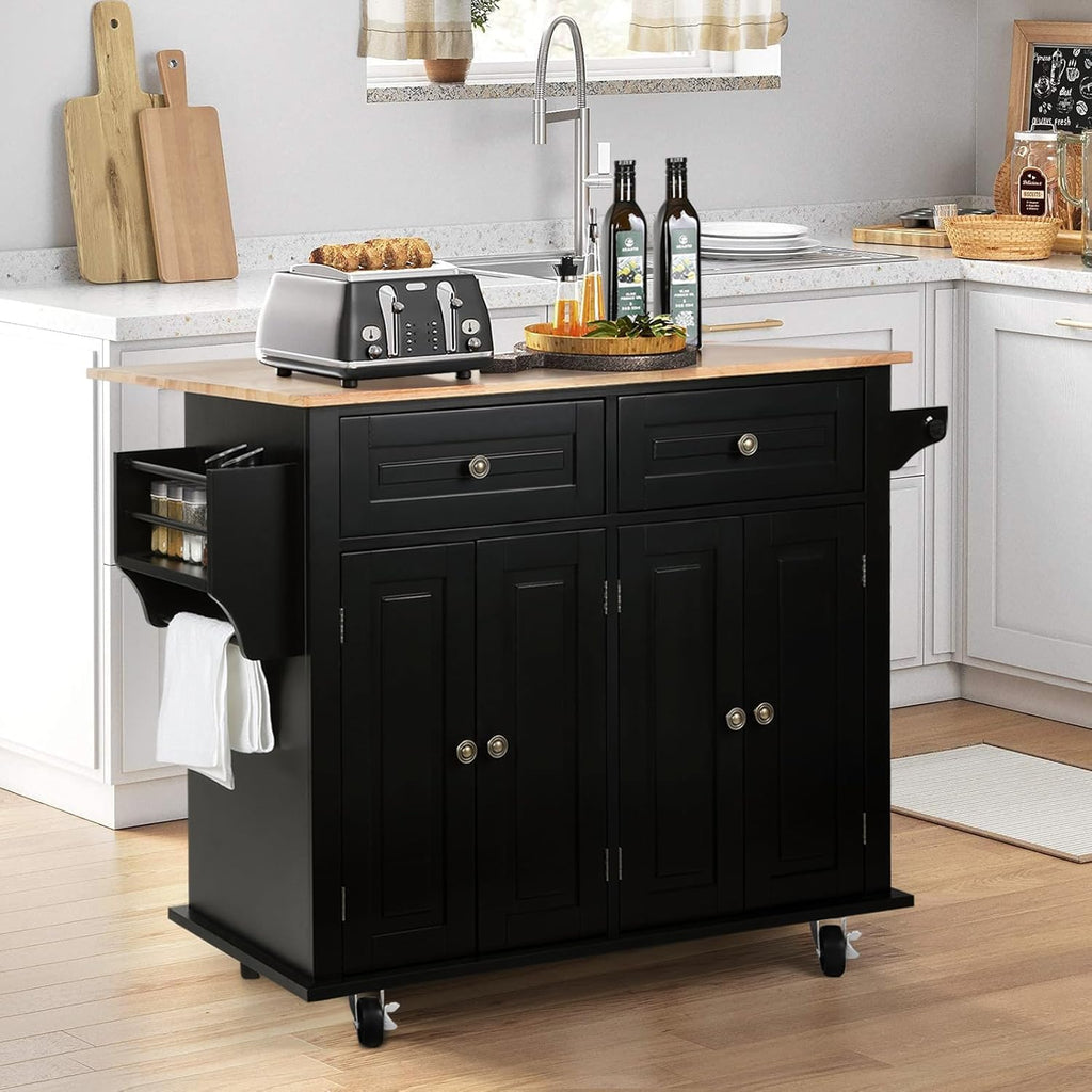 VOWNER 43" W Kitchen Island with Drop Leaf, Rolling Kitchen Island with Drawers, Portable Island Kitchen with Storage, Butcher Block Kitchen Cart with Spice Rack & Towel Rack (Black)