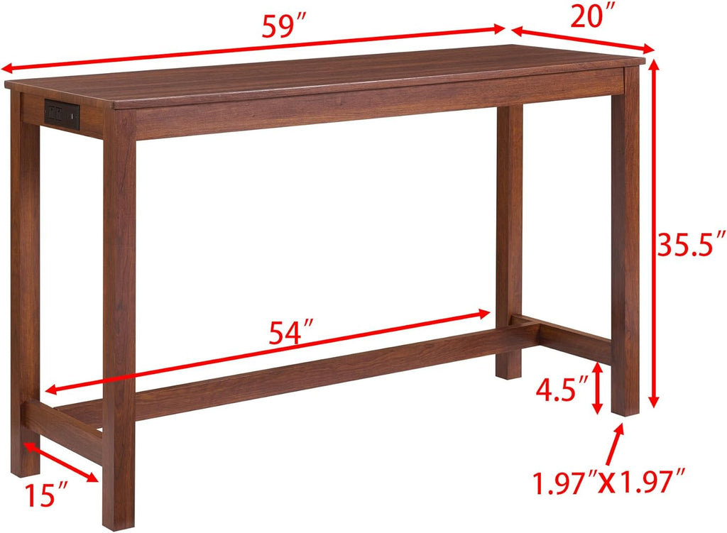 Knocbel Industrial 3-Person Counter Height Bar Table Set with Power Outlet, 4-Piece Dinette Set with Padded Seat Stools, Apartment Condo Small Space Pub Bistro Dining Furniture Set (Cherry)