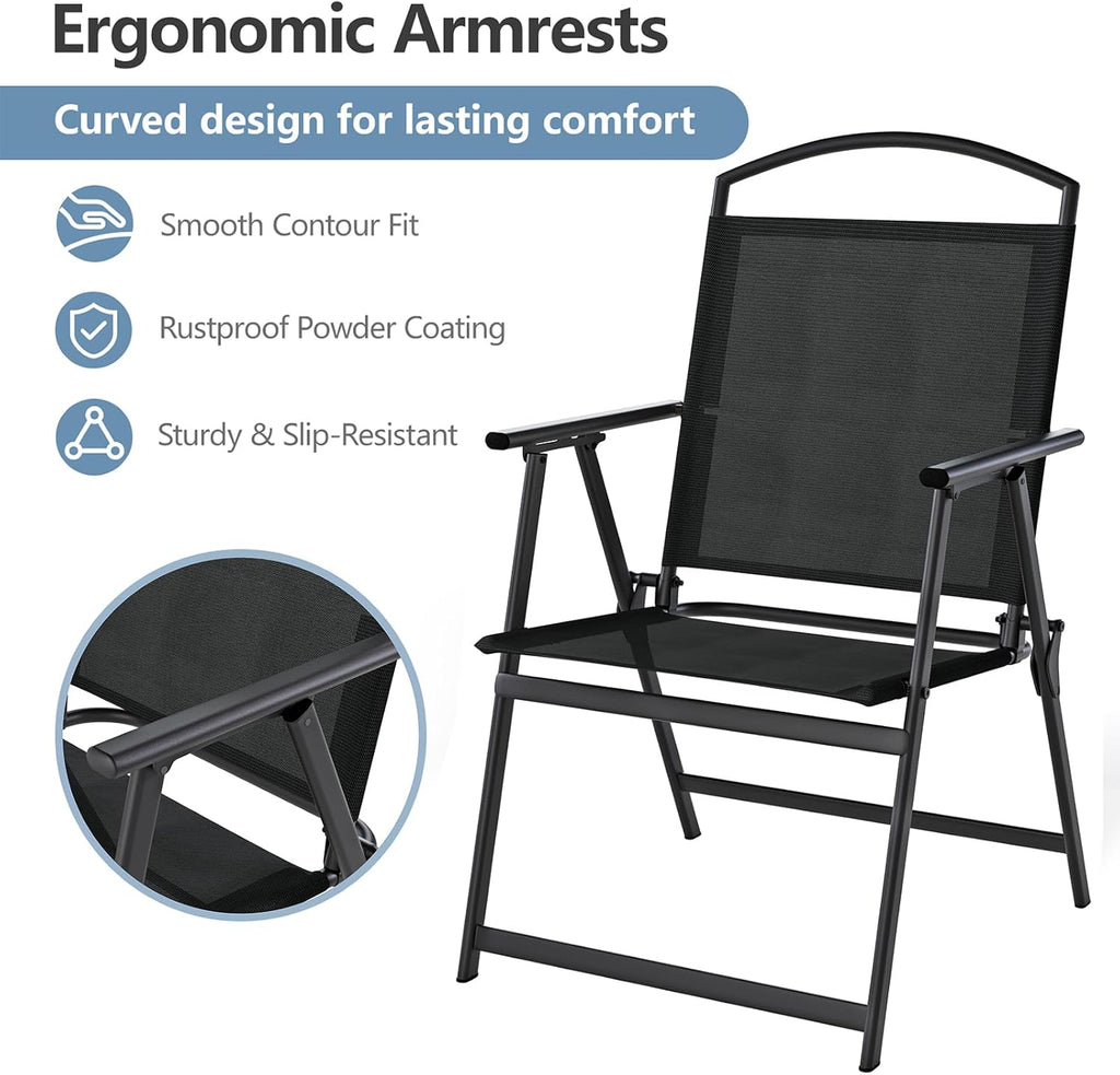 SWITTE Folding Patio Chairs Set of 2, Outdoor Dining Chairs with Armrests, Breathable Textilene & Steel Frame for Lawn, Garden, Yard or Poolside - Black