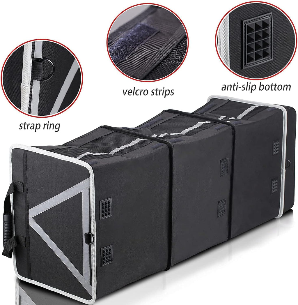 Homeve Car Trunk Organizer for SUV, 25Gal Large Capacity No-Sag Heavy Duty, Foldable Waterproof Anti-Slip Storage with 12 Pockets, Fit Sedan,Truck,Universal Car Accessories, Black, 3 Compart, Large