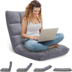 Folding Floor Gaming Chair 14-Poistion Cushioned Adjustable Floor Lazy Sofa Chair w/Breathable Cotton & Skin-Friendly Coral Velve for Adults & Kids Perfect for Reading Gaming Meditating, Grey