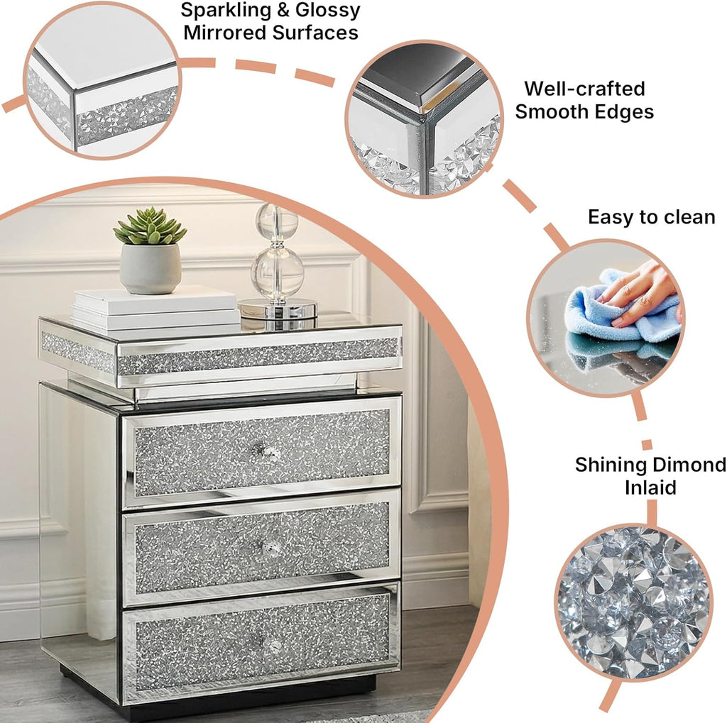 Modern Glam Glass Mirror Nightstand, Silver Bedside Table with Sparkling Crushed Diamond, 3-Drawer Luxury Mirrored Accent Table for Living Room, Bedroom, Fully Assembled
