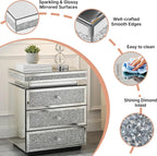 Modern Glam Glass Mirror Nightstand, Silver Bedside Table with Sparkling Crushed Diamond, 3-Drawer Luxury Mirrored Accent Table for Living Room, Bedroom, Fully Assembled