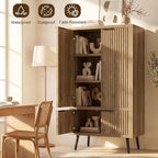 Oak Fluted 51" Tall Wooden Kitchen Pantry Storage Cabinet Food Organize with Adjustable Shelves, Modern Accent Cabinet Sideboard Buffet for Dining Room, Entryway, Bathroom, Home Office