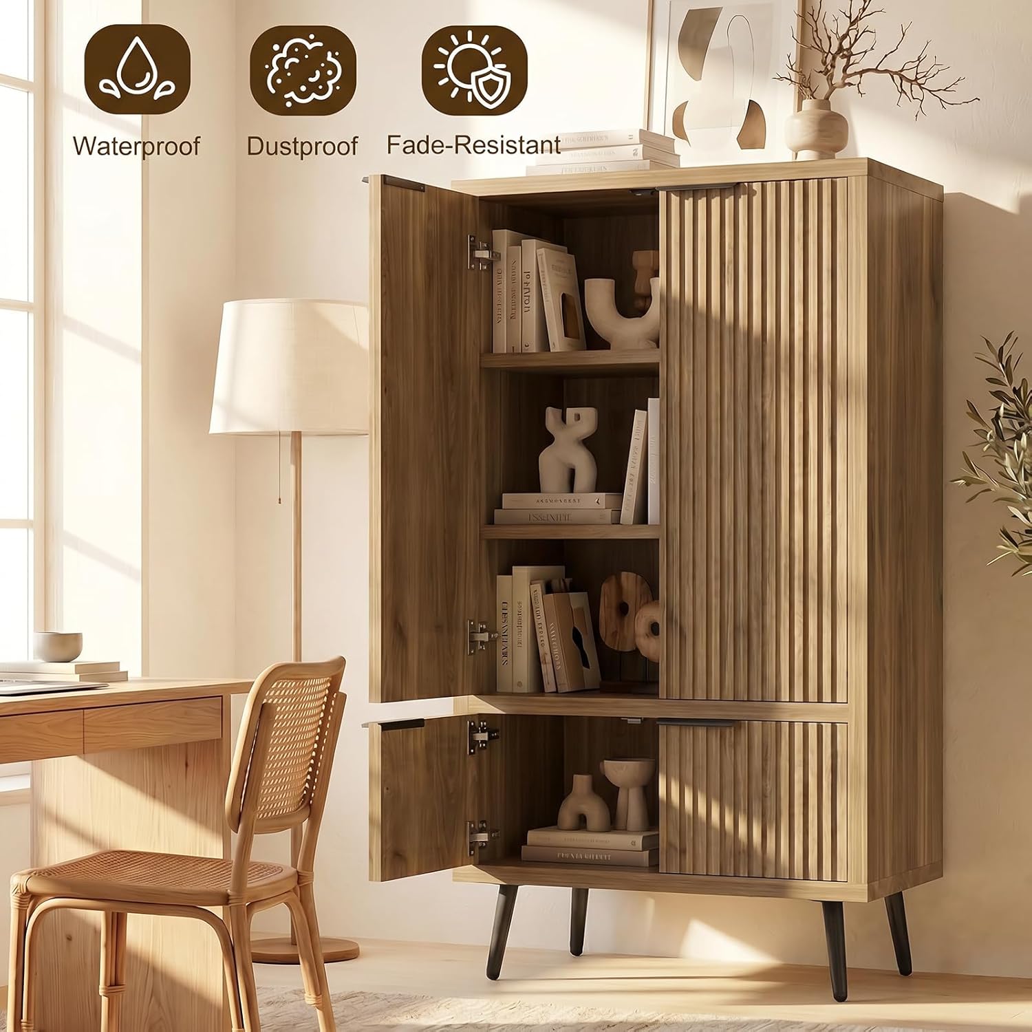 Oak Fluted 51" Tall Wooden Kitchen Pantry Storage Cabinet Food Organize with Adjustable Shelves, Modern Accent Cabinet Sideboard Buffet for Dining Room, Entryway, Bathroom, Home Office