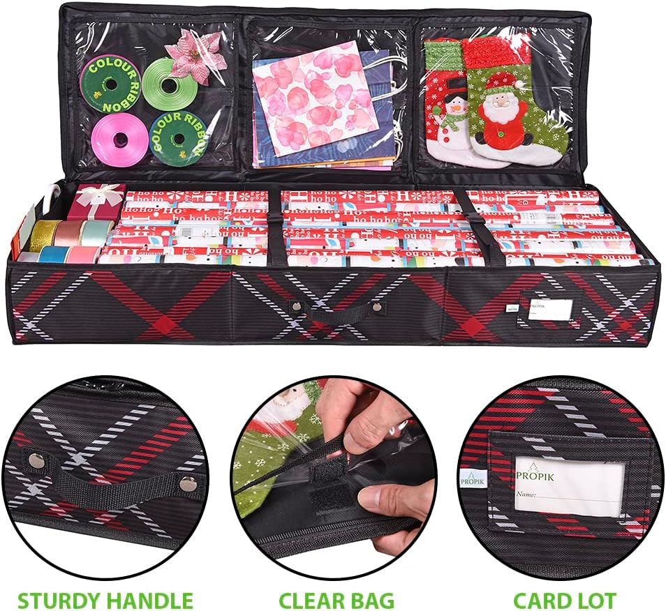 Propik Wrapping Paper Storage Container | Gift Wrap Organizer Under Bed | 41”x14”x6” | Box Holder for 18-24 Rolls Up to 40” | 600D Oxford Material | Pockets for Ribbon, Bows and Accessories (Plaid)