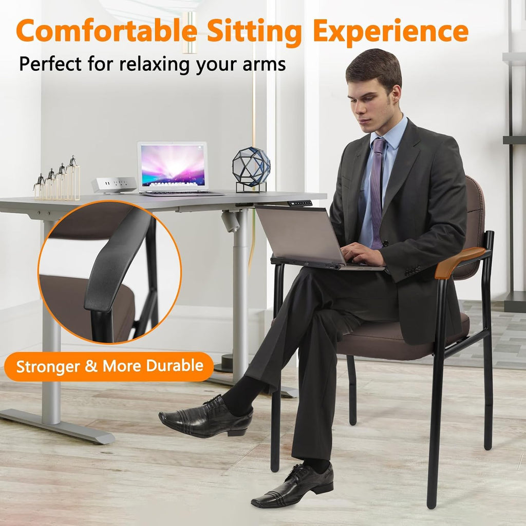 CLATINA Leathert Reception Chair No Wheels, Office Guest Chair with Padded Armrests and Lumber Support, Ergonomic Arm Chair for Meeting Waiting Conference Lobby Room Shool Study, Brown, 4PK