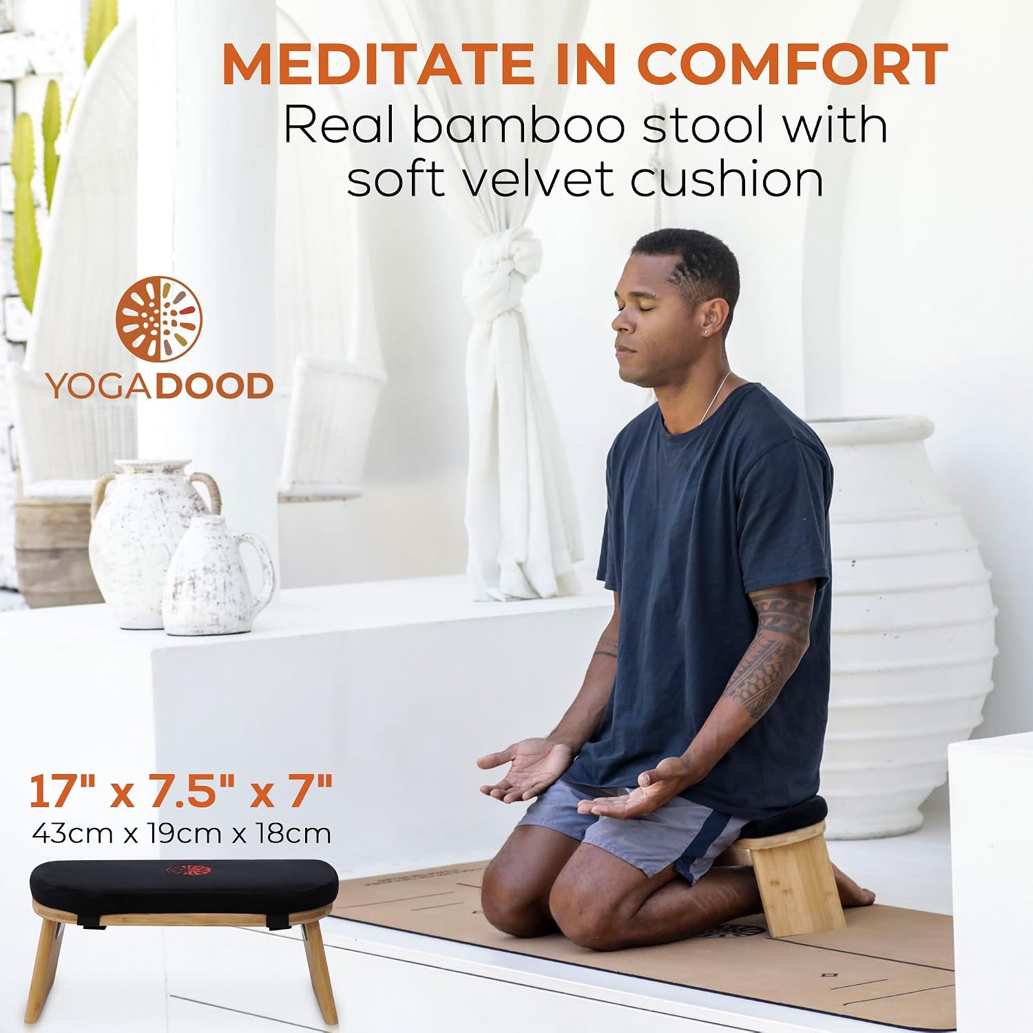 Yoga Dood Meditation Bench - Folding Bamboo Meditation Stool with Velvet Cushion & Carry Bag, Seiza Prayer Bench