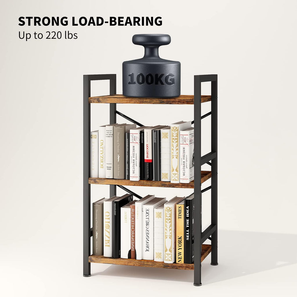 Homeiju Bookshelf, 3 Tier Industrial Bookcase, Metal Small Bookcase, Rustic Etagere Book Shelf Storage Organizer for Living Room, Bedroom, and Home Office(Rustic Brown) Patent Pending D29873033