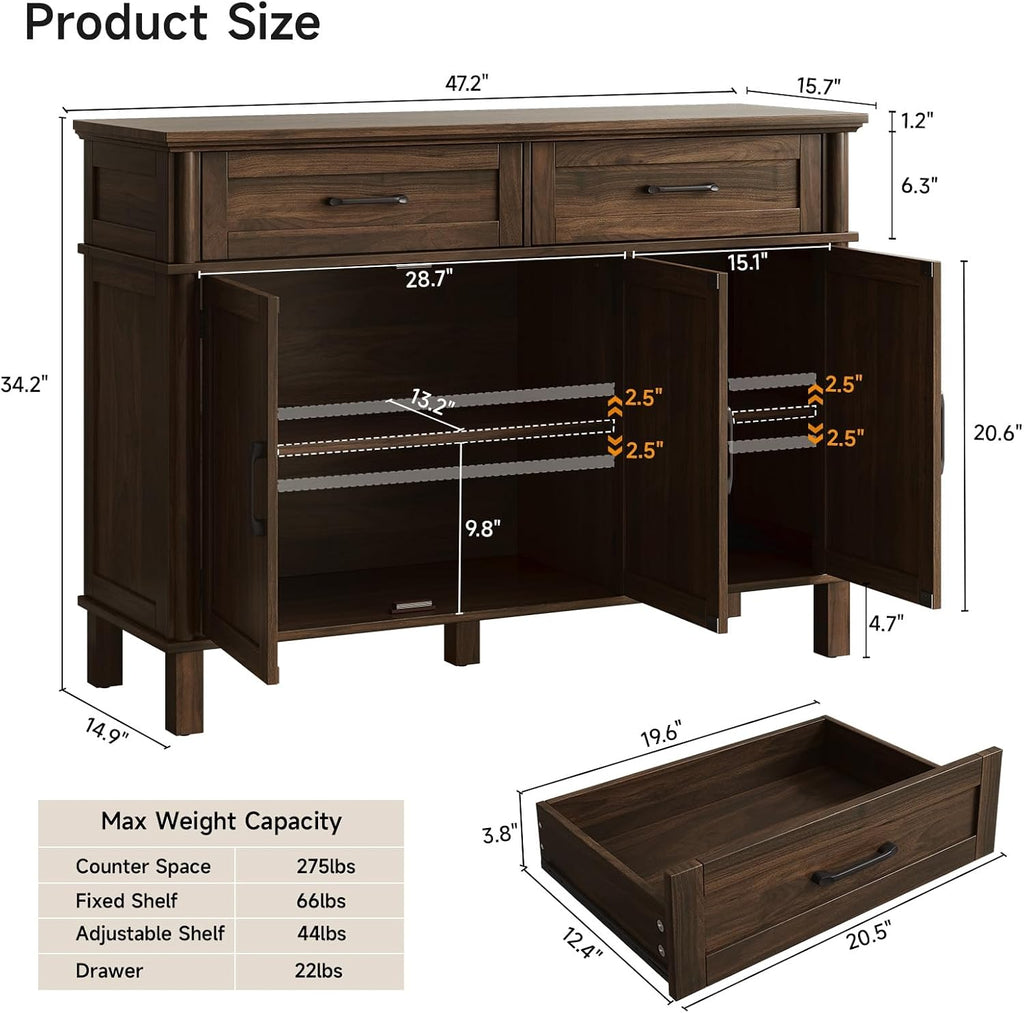 ONBRILL 48 Inch Buffet Cabinet with Storage, Farmhouse Sideboard Buffet w/2 Drawers and 3 Doors, Wood Coffee Bar Cabinet with Adjustable Shelves, Sideboard Storage for Kitchen, Living Room, Walnut