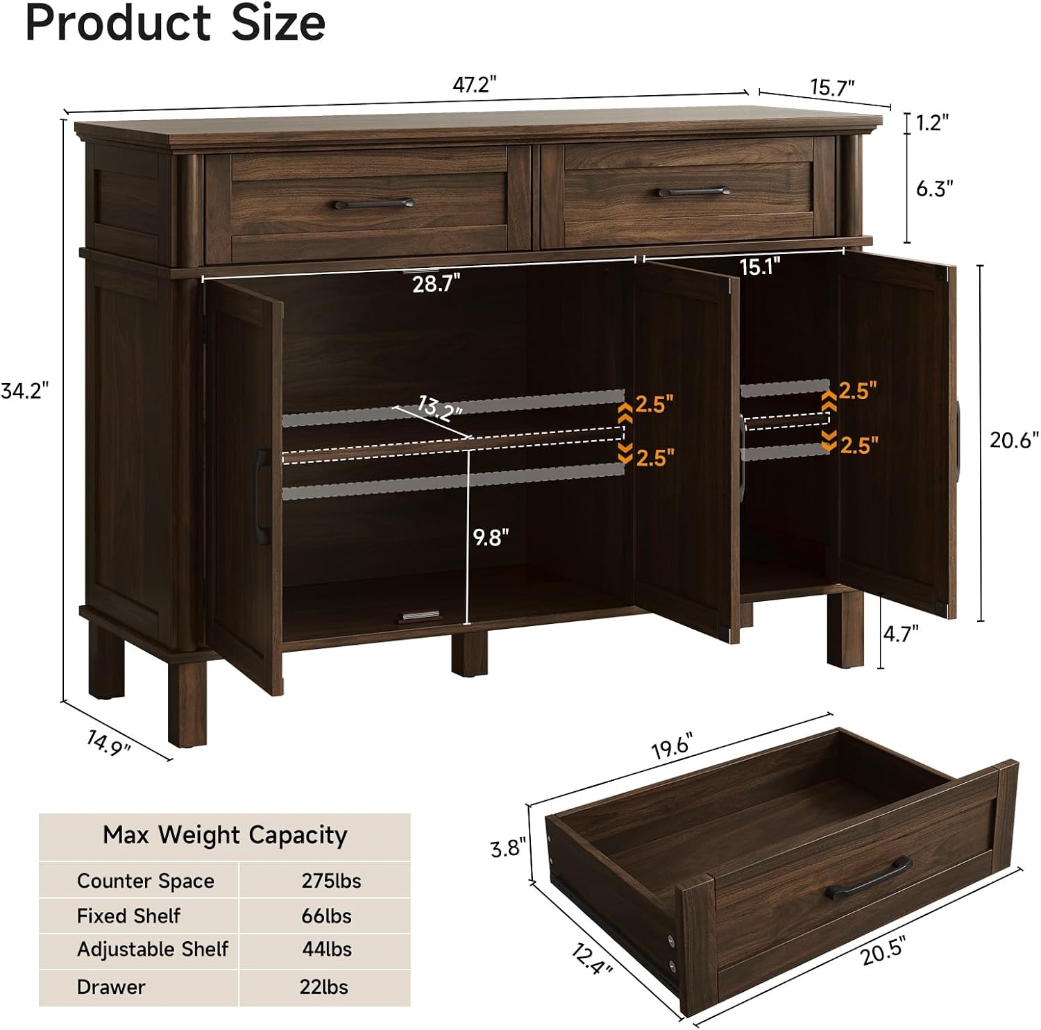 ONBRILL 48 Inch Buffet Cabinet with Storage, Farmhouse Sideboard Buffet w/2 Drawers and 3 Doors, Wood Coffee Bar Cabinet with Adjustable Shelves, Sideboard Storage for Kitchen, Living Room, Walnut