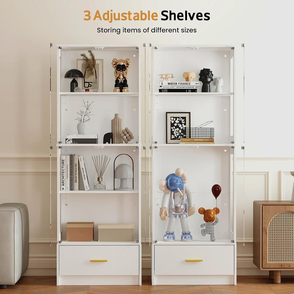 Lamtor Glass Display Cabinet with Doors - Curio Cabinet with Dynamic LED Lights for Collectibles, 67" Display Case with 4 Tier and Drawer for Figure, Toys, Books, White(Narrow)