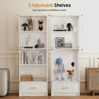 Lamtor Glass Display Cabinet with Doors - Curio Cabinet with Dynamic LED Lights for Collectibles, 67" Display Case with 4 Tier and Drawer for Figure, Toys, Books, White(Narrow)