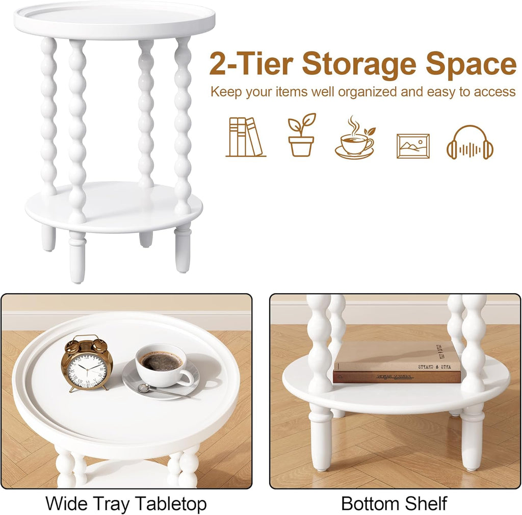Round Side Table with Storage Shelf, 2 Tier Accent End Table with Spindle Legs, Modern Nightstand Beside Table for Living Room, Bedroom, Office, White