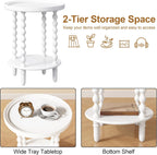 Round Side Table with Storage Shelf, 2 Tier Accent End Table with Spindle Legs, Modern Nightstand Beside Table for Living Room, Bedroom, Office, White