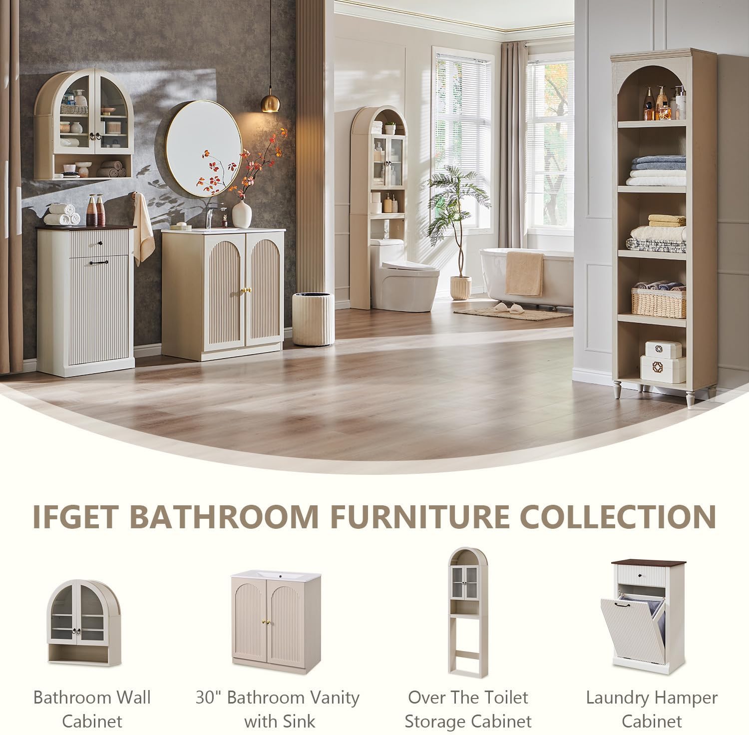 IFGET Bathroom Arched Wall Cabinet, 23.6'' Wide Medicine Cabinet with Adjustable Shelves & Acrylic Glass Doors, Over The Toilet Storage Wall Mount Cabinet for Laundry Room,Kitchen & Living Room, Cream