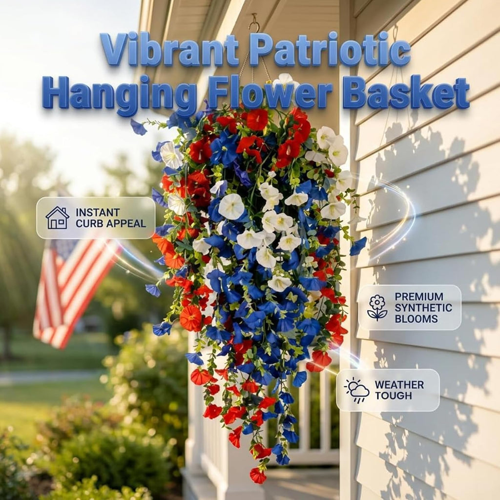 Red White and Blue Hanging Flowers, Patriotic Hanging Flower Baskets,Resistant Faux Silk Flowers, for Porch, Yard, Veterans Memorial Day Patio Home