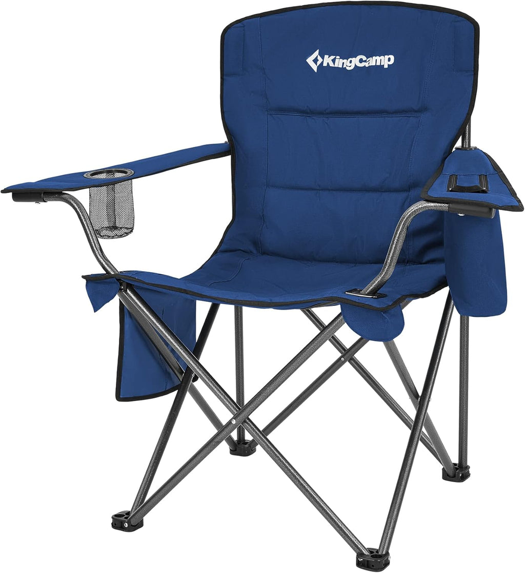 KingCamp Oversized Heavy Duty Camping Chair, Padded Folding Lawn Chair with Cooler Bag & Cup Holder, Portable Outdoor Chair with Lumbar Support for Tailgating Sports Patio Beach, Blue