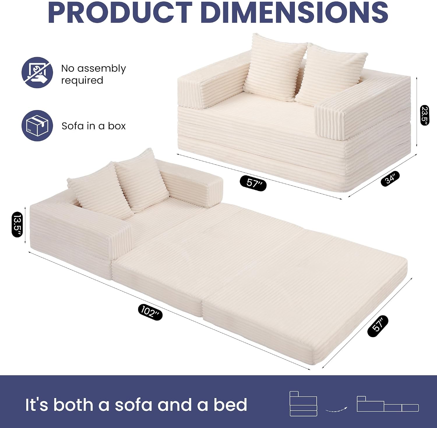 Convertible Sofa Bed, 4-in-1 Boneless Loveseat with Removable Armrests Backrest, Corduroy Futon Couch Bed with Pillow, Foldable Mattress Sleeper Sofa for Living Room Bedroom Small Place (Beige)