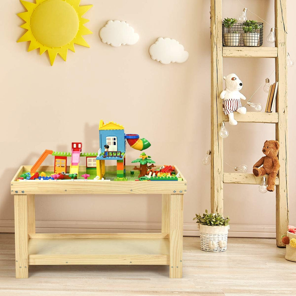 Costzon 2 in 1 Kids Activity Table w/Storage, Patented Building Block Table w/Board for Bricks Crafts Arts Draw, Children Solid Wood Play Table Desk for Preschool Toddler Boy & Girl Gift, Natural