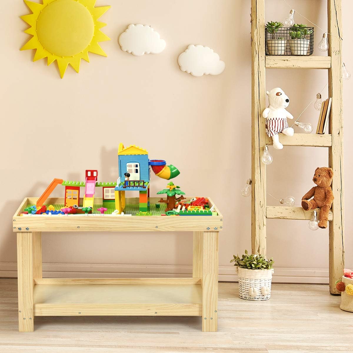 Costzon 2 in 1 Kids Activity Table w/Storage, Patented Building Block Table w/Board for Bricks Crafts Arts Draw, Children Solid Wood Play Table Desk for Preschool Toddler Boy & Girl Gift, Natural