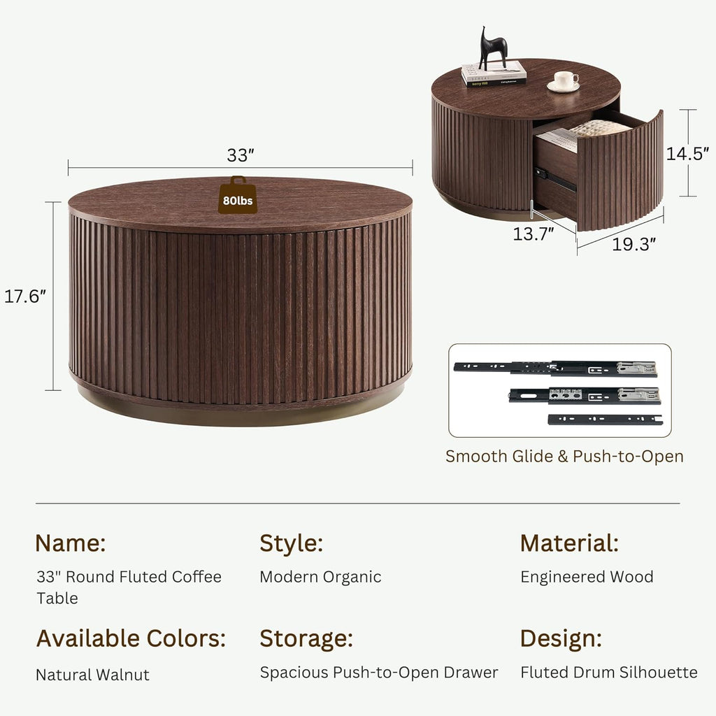 JXQTLINGMU 33" Round Coffee Table with Storage, Fluted Drum Coffee Table, Hidden Push-to-Open Drawer, Natural Walnut