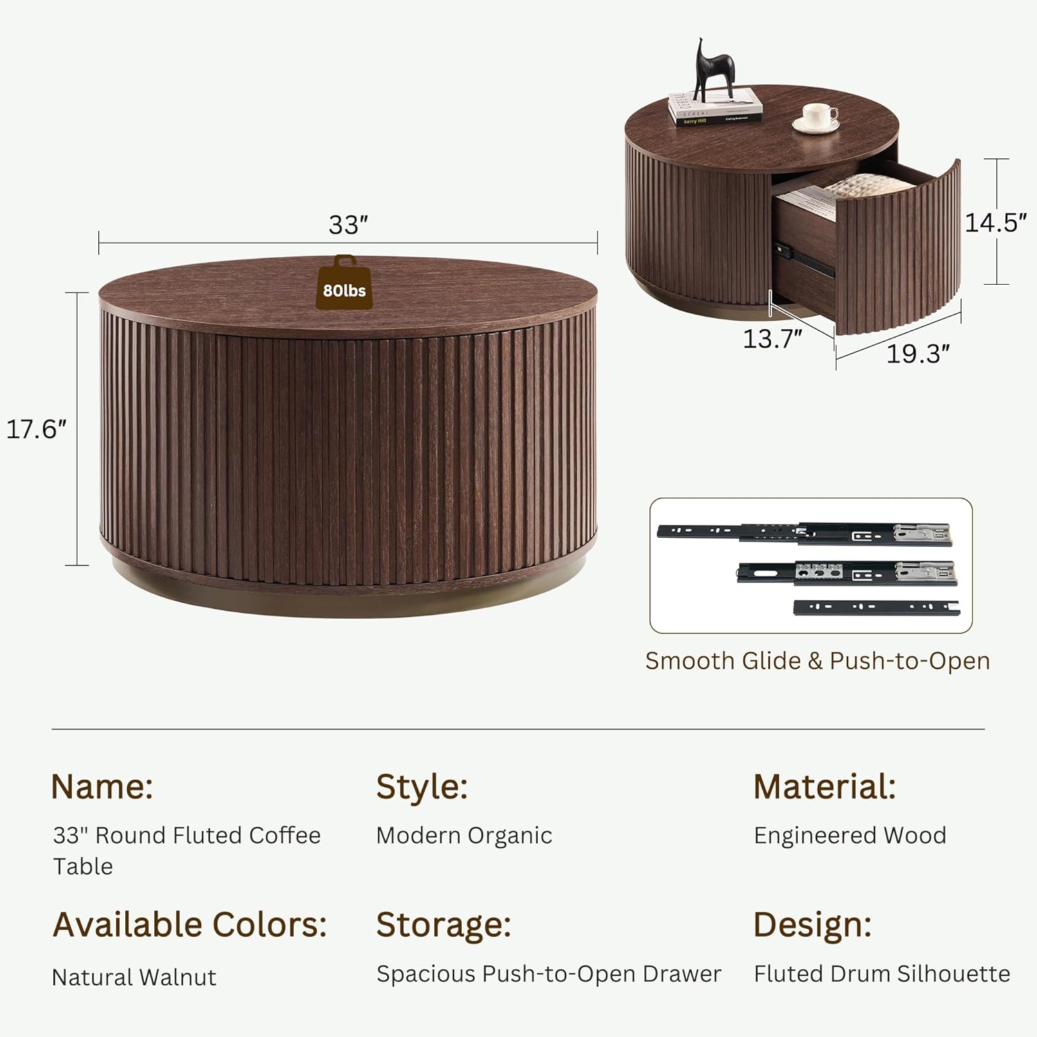 JXQTLINGMU 33" Round Coffee Table with Storage, Fluted Drum Coffee Table, Hidden Push-to-Open Drawer, Natural Walnut