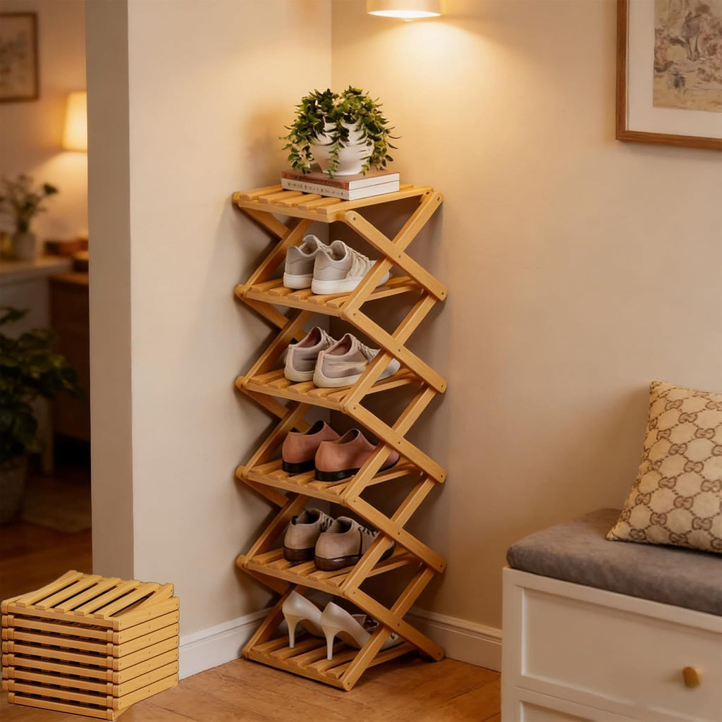 6 Tier Foldable Bamboo Shoe Rack, No Assembly Vertical Space Saving Shoe Organizer for Entryway Closet Corner Tight Small Spaces, 2026 Upgraded Natural Wood