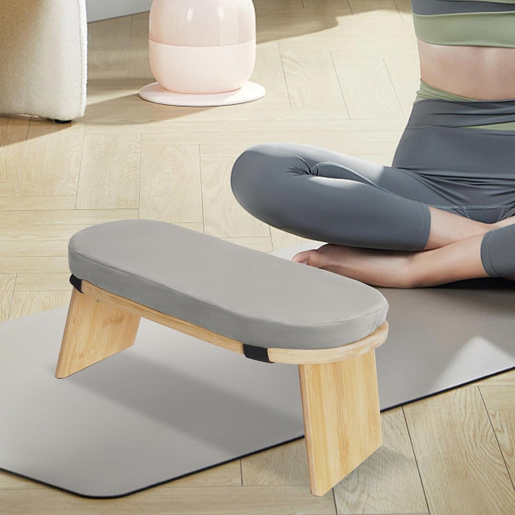 Foldable Wooden Kneeling Meditation Bench for Home, Yoga and Prayer, Portable Gray Meditation Stool for Adults, Comfortable Indoor Seating
