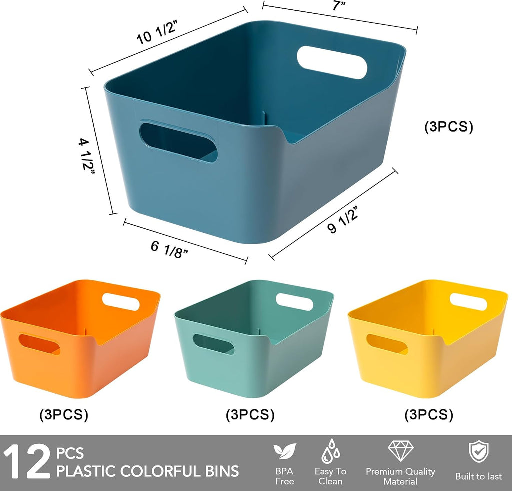 Tiawudi 12 Pack 4.5L Storage Bins, Plastic Storage Baskets for Home Classroom Organization, Multi-Use Organizer Bins for Cabinet, Pantry, Drawer, Closet, Countertop or Shelves, Colorful Containers