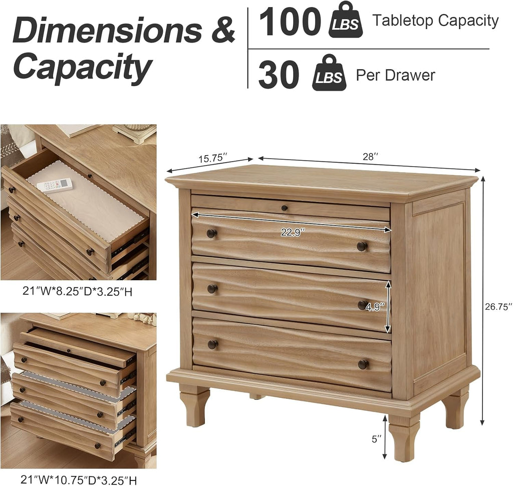 Traditional Wave Textured Nightstand, 3 Drawers Farmhouse Bedside Table with Solid Wood Legs, Rustic Storage End Table for Bedroom Living Room, Natural
