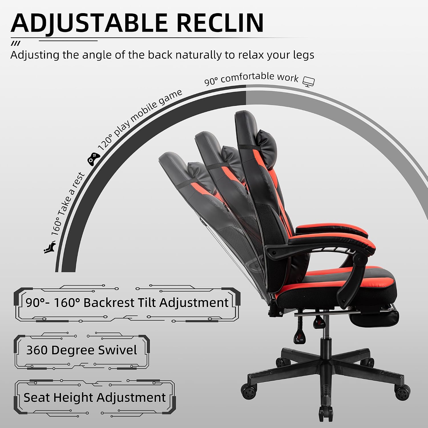 Shintenchi Gaming Chair with Footrest, Massage Lumbar Support, Height Adjustment, and 360° Swivel Seat. Ergonomic Design for Gaming