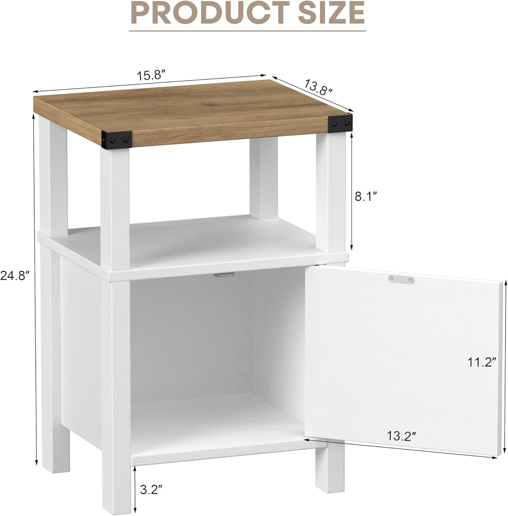 Set of 2 Farmhouse Nightstands, Sofa Side End Table with Storage, Wood Bedside Table with Barn Door for Bedroom Living Room Rustic Vintage White