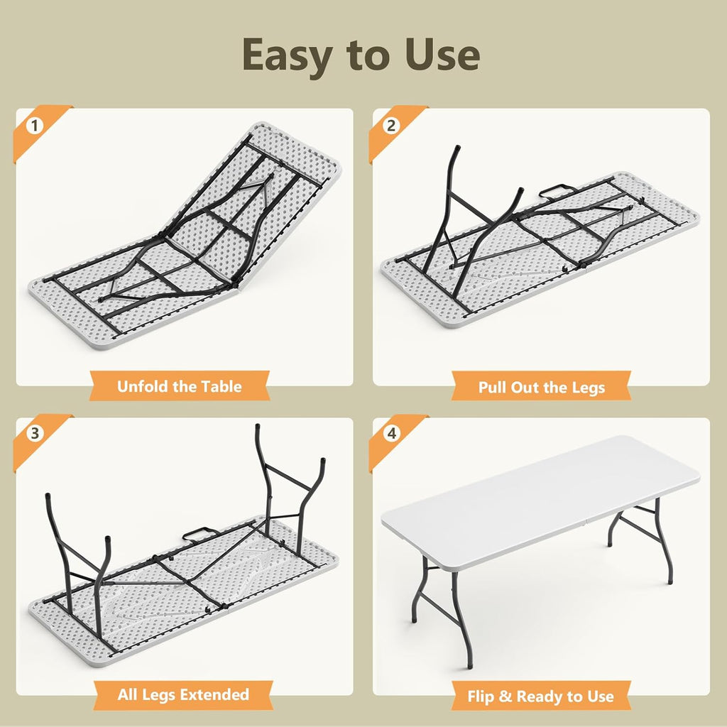 6FT Folding Table 6 Pack, Heavy Duty Fold in Half Plastic Tables with Carry Handle, Portable Indoor Outdoor Utility Table for Party, Picnic, Camping, Banquet, Wedding, RV Travel