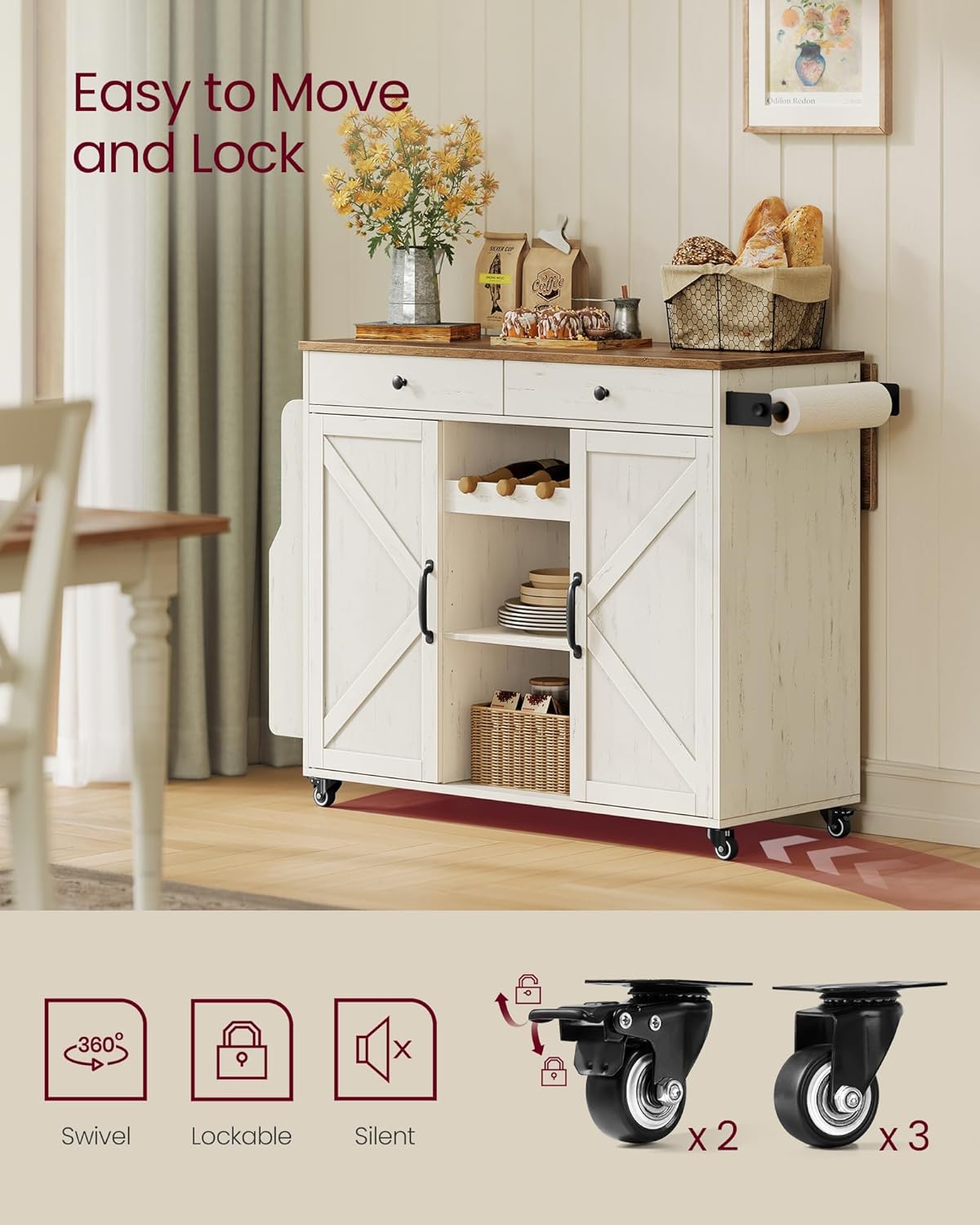 VASAGLE Mobile Kitchen Island with Drop Leaf, Portable Island with Spice Rack, Mobile Cart with Storage Cabinet, 17.7-28.7 x 49.3 x 36 Inches, for Dining Room, Rustic White and Honey Brown UKKI012W01