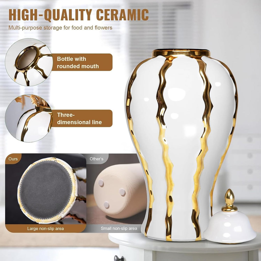 White and Gold Vases for Centerpieces,White Gold Ginger Jars for Home Decor,Large Gold Vases for Kitchen Counter,Vintage Vase with Lid,Birthday Anniversary (18 in)
