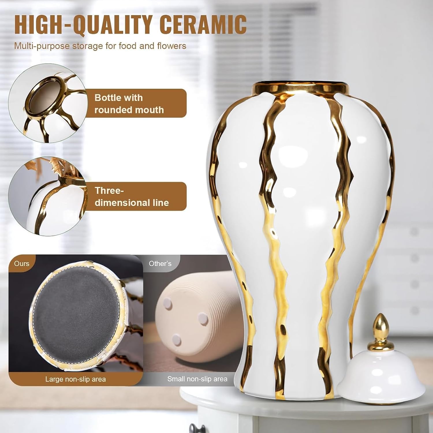 White and Gold Vases for Centerpieces,White Gold Ginger Jars for Home Decor,Large Gold Vases for Kitchen Counter,Vintage Vase with Lid,Birthday Anniversary (18 in)
