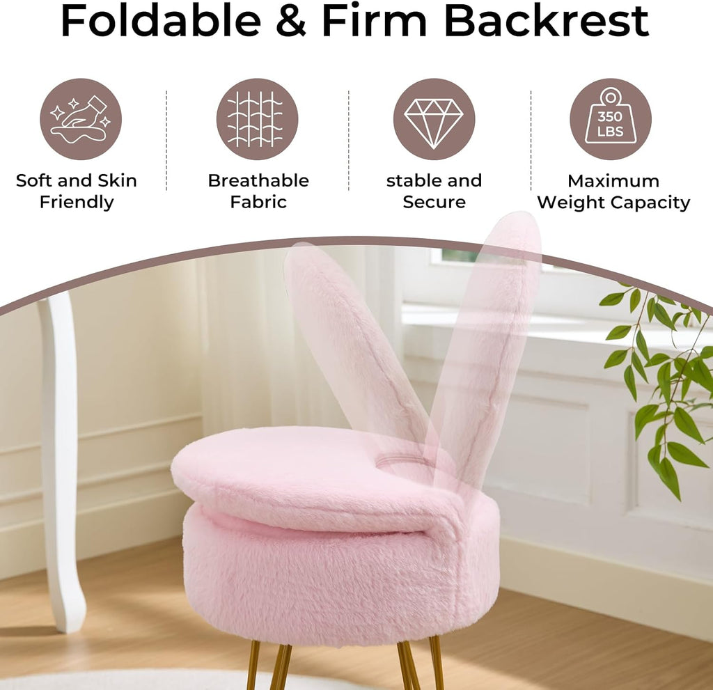 Faux Fur Pink Small Vanity Chair & Stool - 13" Dx13 W Folding Back Storage Ottoman, Anti-Slip Golden V-Leg for Bedroom Makeup Room