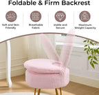 Faux Fur Pink Small Vanity Chair & Stool - 13" Dx13 W Folding Back Storage Ottoman, Anti-Slip Golden V-Leg for Bedroom Makeup Room
