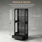Glass Display Cabinet, 4-Tier Showcase with Drawer and Acrylic Layers, Glass Display Case & Bookcase with Human Body Sensor, 4-Tier Curio Cabinet with 3 Color Lights for Collectibles, Black