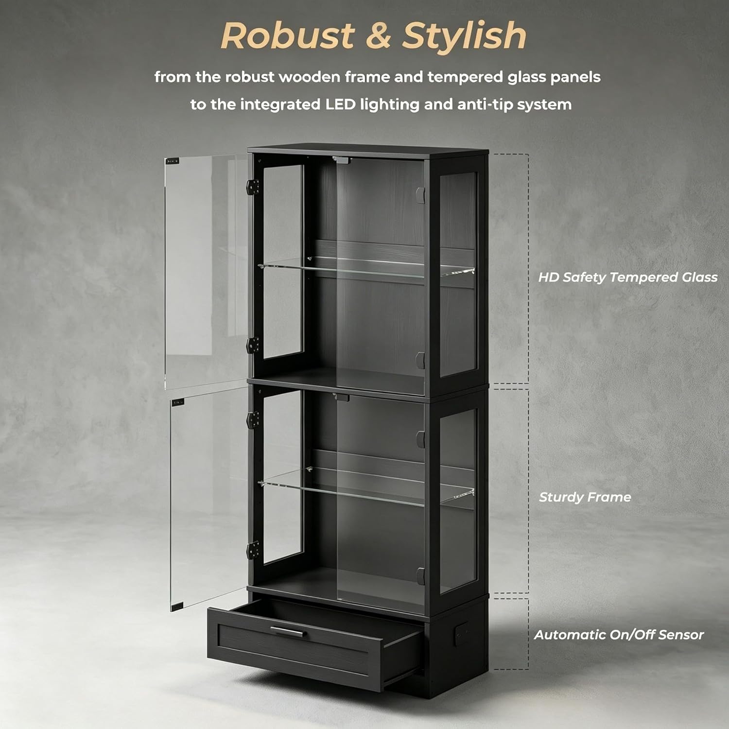 Glass Display Cabinet, 4-Tier Showcase with Drawer and Acrylic Layers, Glass Display Case & Bookcase with Human Body Sensor, 4-Tier Curio Cabinet with 3 Color Lights for Collectibles, Black