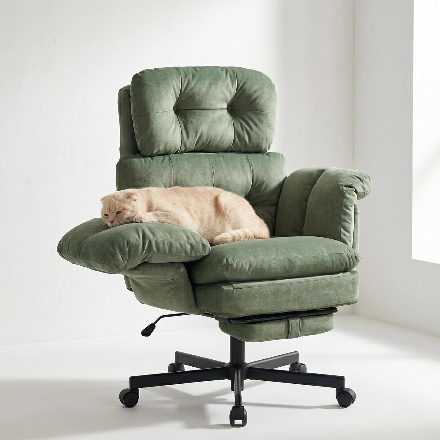 Criss Cross Office Chair with Foot Rest, Big and Tall Office Desk Chair with Flip Armrests for Pets & Cross Legged Sitting, Comfy Executive Ergonomic Reclining Computer Gaming Vanity Chair, Green