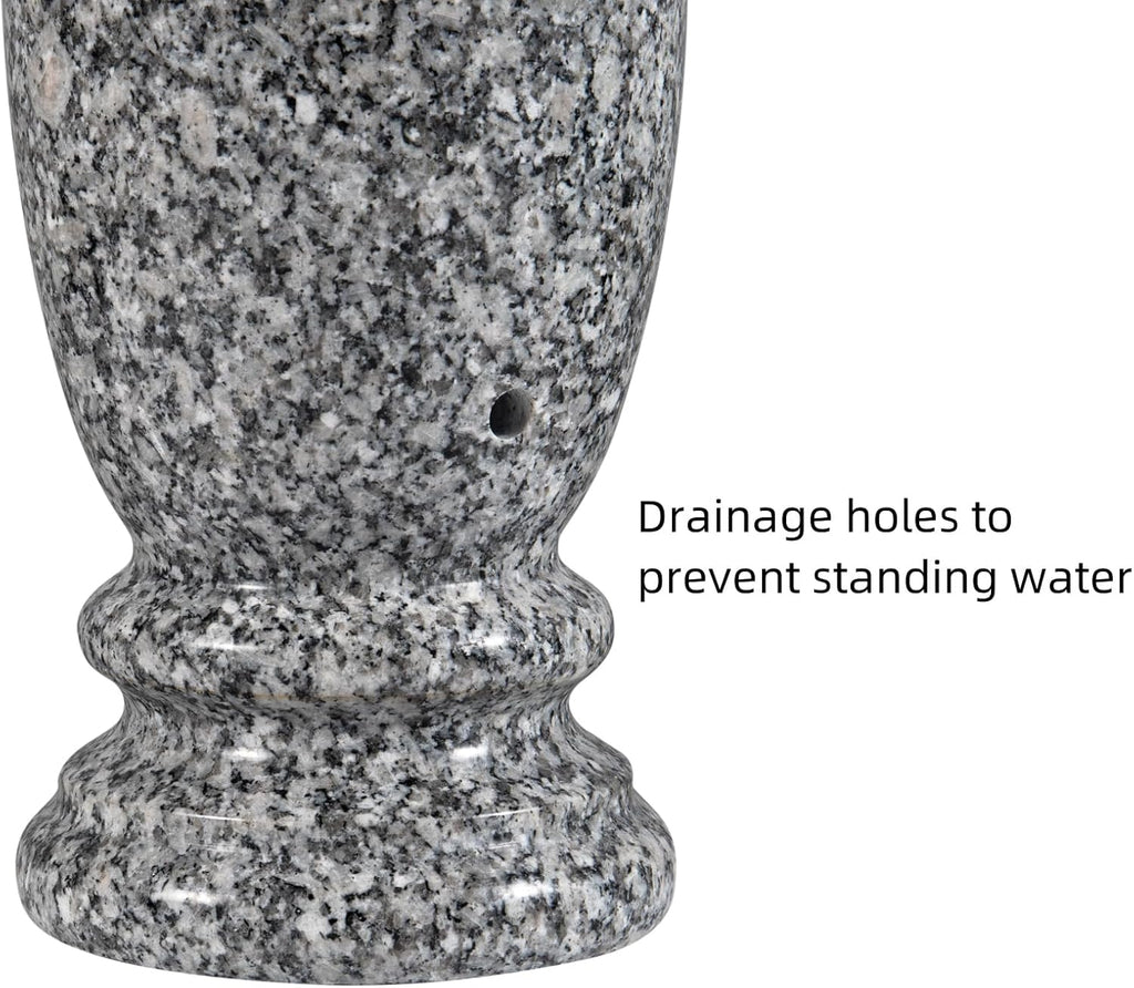 Gray Granite Cemetery Vase for Grave, 4.3" W x 9.8" H | Gray granite, side drainage hole prevents water pooling and freeze cracking. For grave markers & flower decoration. 1 count.