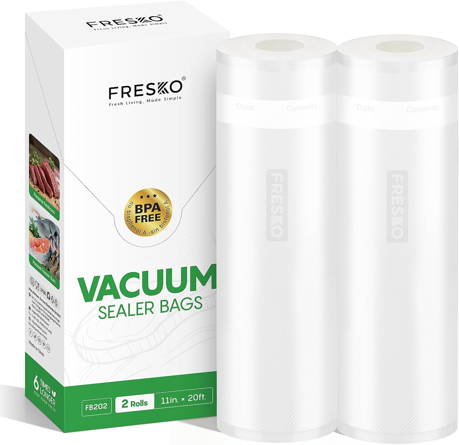 FRESKO Vacuum Sealer Bags Rolls with Write-On Labels, 11" x 20' 2 Pack Bags, BPA Free, Heavy Duty, Customized Size for Food Storage and Sous Vide