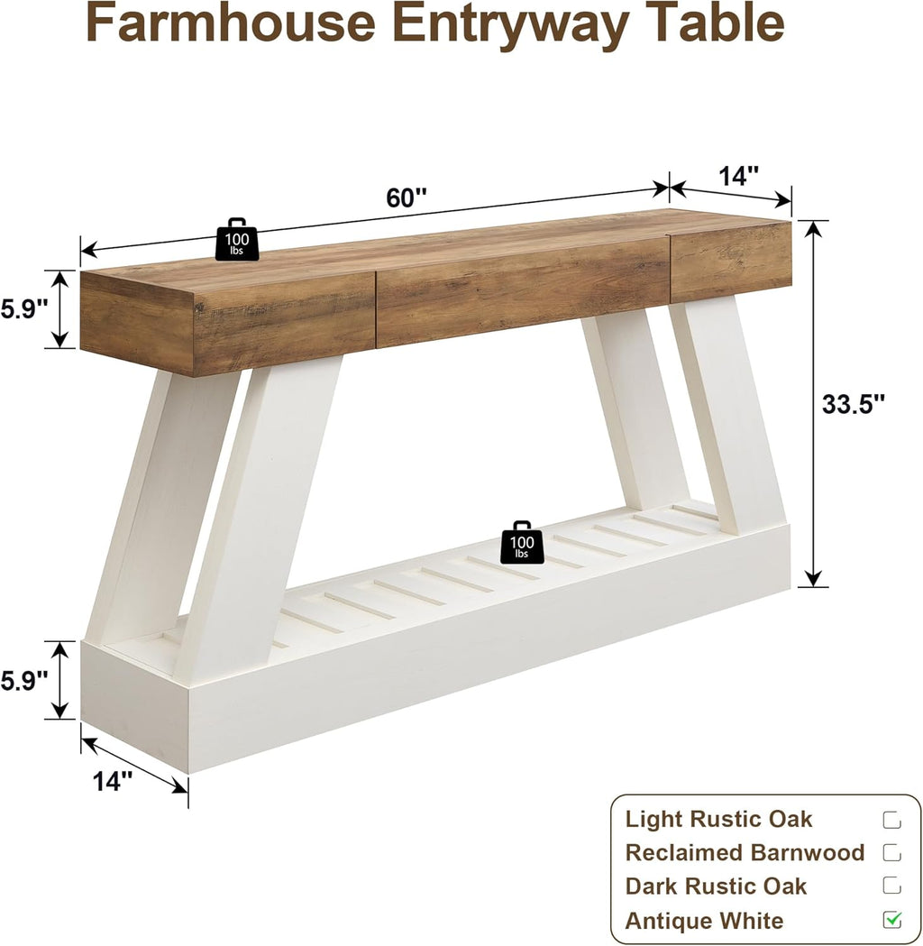 OKD 60" Farmhouse Entryway Table with Drawer, Console Table Behind Sofa, Narrow Long Entryway for Hallway, Living Room, Hallway, Behind Couch(Antique White)