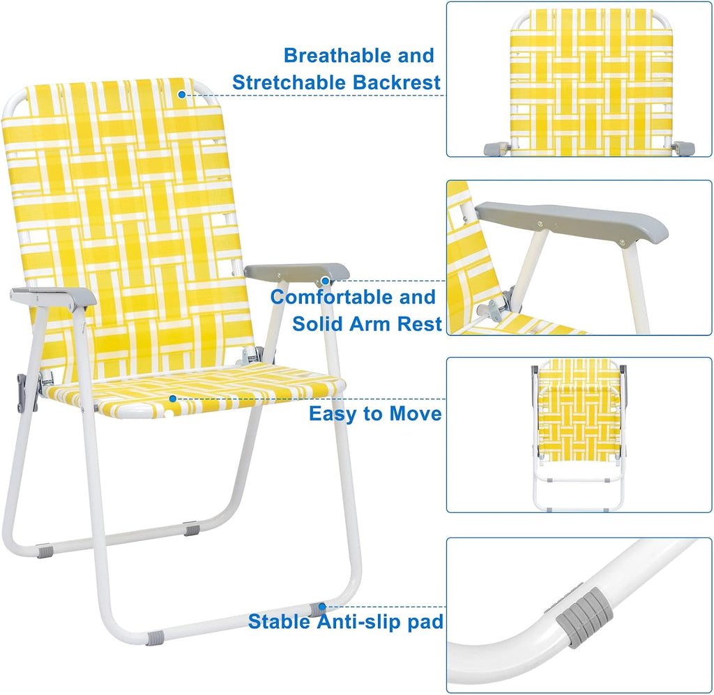 Vasitelan Patio Lawn Chairs Folding Chairs Set of 2, Webbed Folding Chair Outdoor Beach Chair Portable Camping Chair for Yard, Garden (Yellow & White)