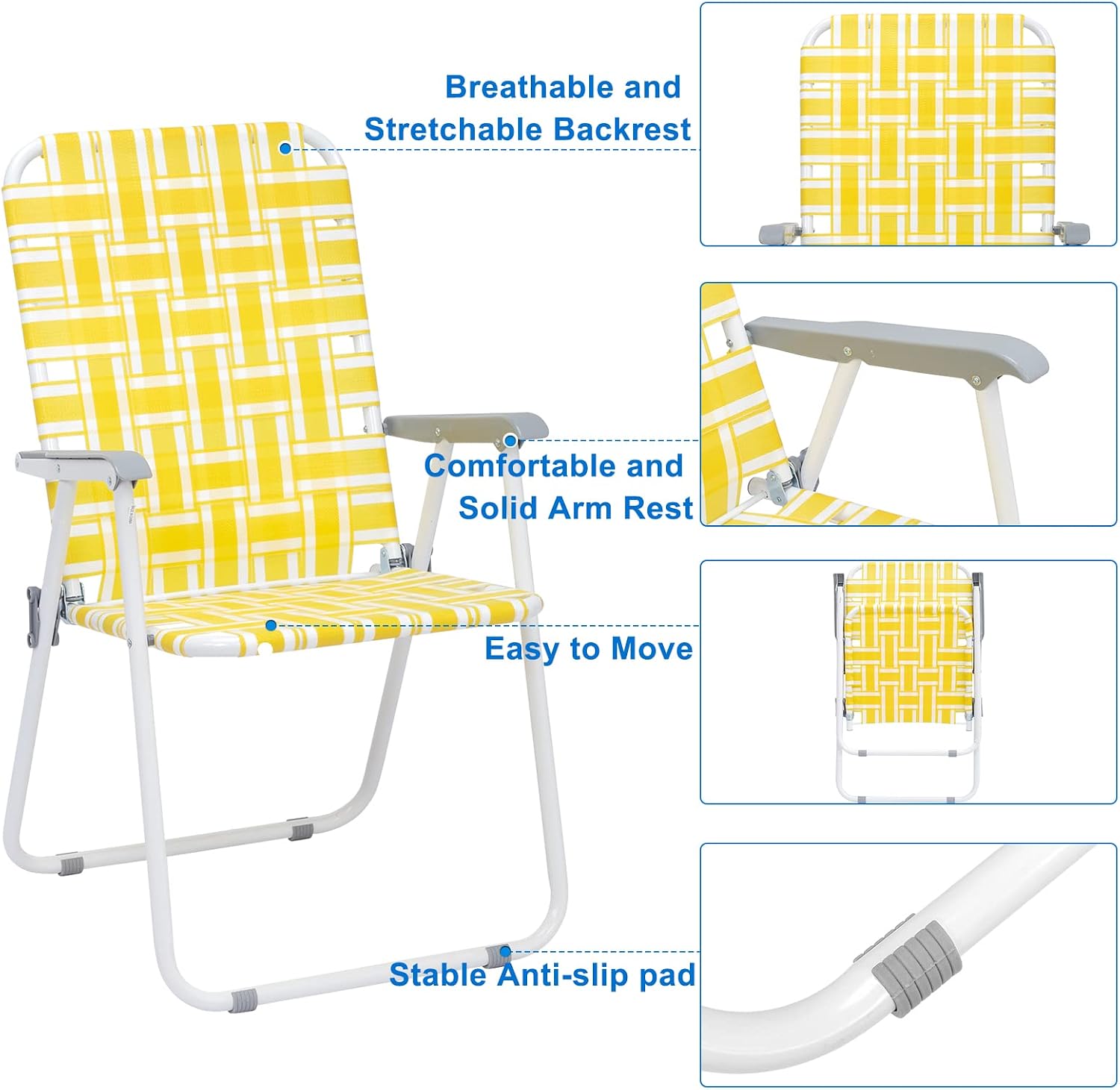 Vasitelan Patio Lawn Chairs Folding Chairs Set of 2, Webbed Folding Chair Outdoor Beach Chair Portable Camping Chair for Yard, Garden (Yellow & White)