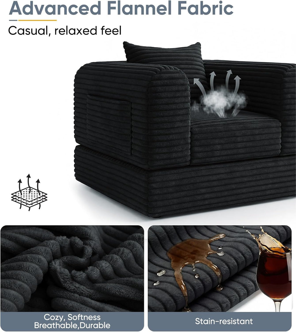 Versatile Loveseat Boneless Oversized Chair Convertible Sleeper Sofa Bed with Back Support Chaise Lounge Chair Indoor for Adult Teen, Comfy Futon Floor Folding Couch for Living Room Bedroom, Black