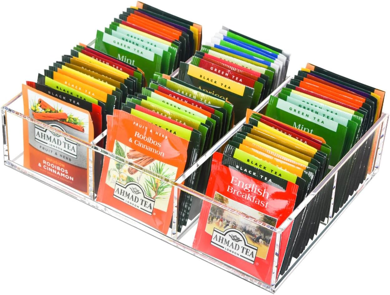 Tasybox Acrylic Tea Bag Organizer, Clear Tea Bag Holder, Drawer Organizer | Tea Bag Holder with Removable Dividers, 6 Slot Tea Organizers and Storage for Countertop, Drawer, Pantry, Kitchen, Cabinet