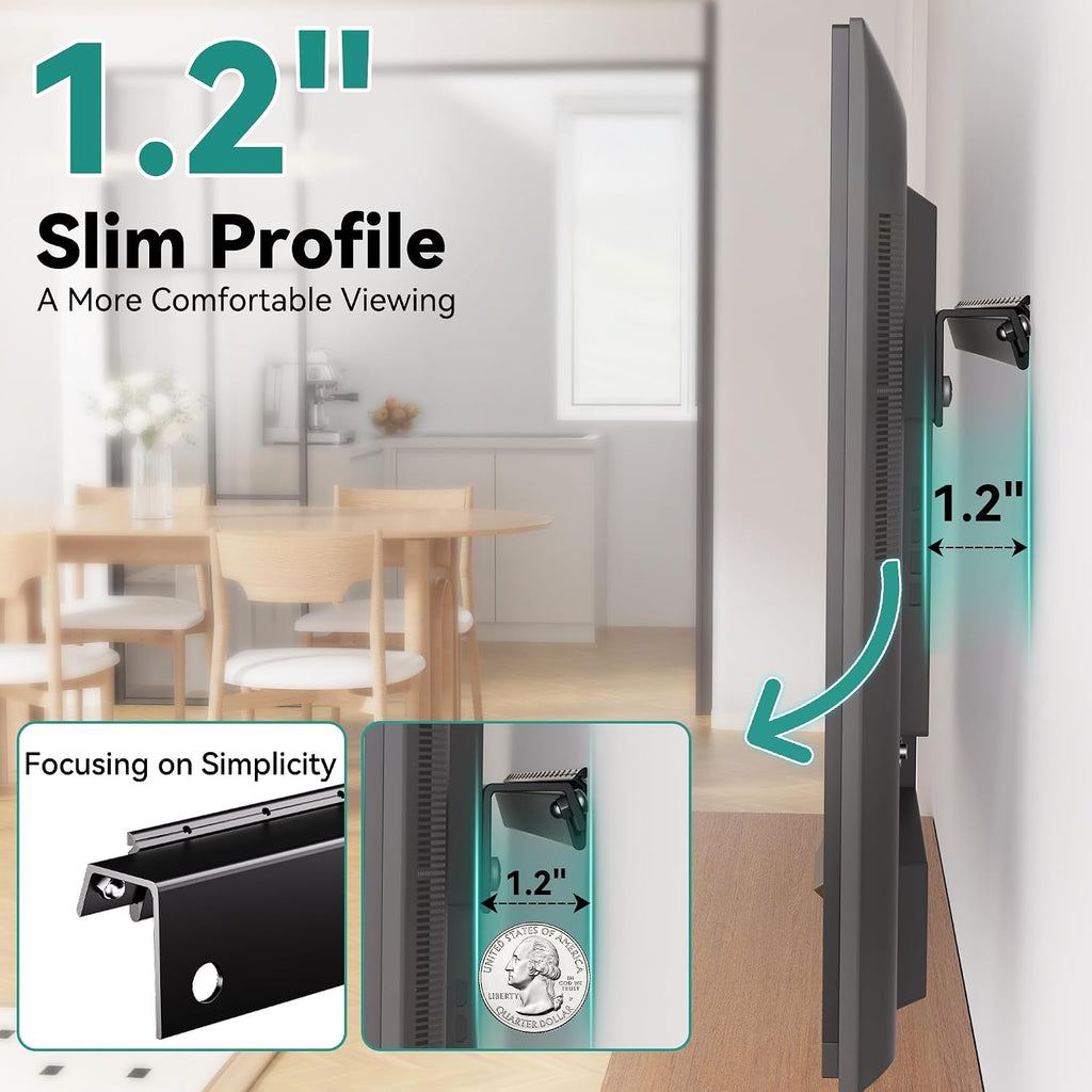 Auoace No Drill Drywall TV Wall Mount for 22 to 55 inch Small TV, up to 100 LBS, 1.1" Low Profile, No Stud Design, Easy Install with All Hardware, TVs Bracket for Most 32" 40" 43" 50" 52" 55" Screen